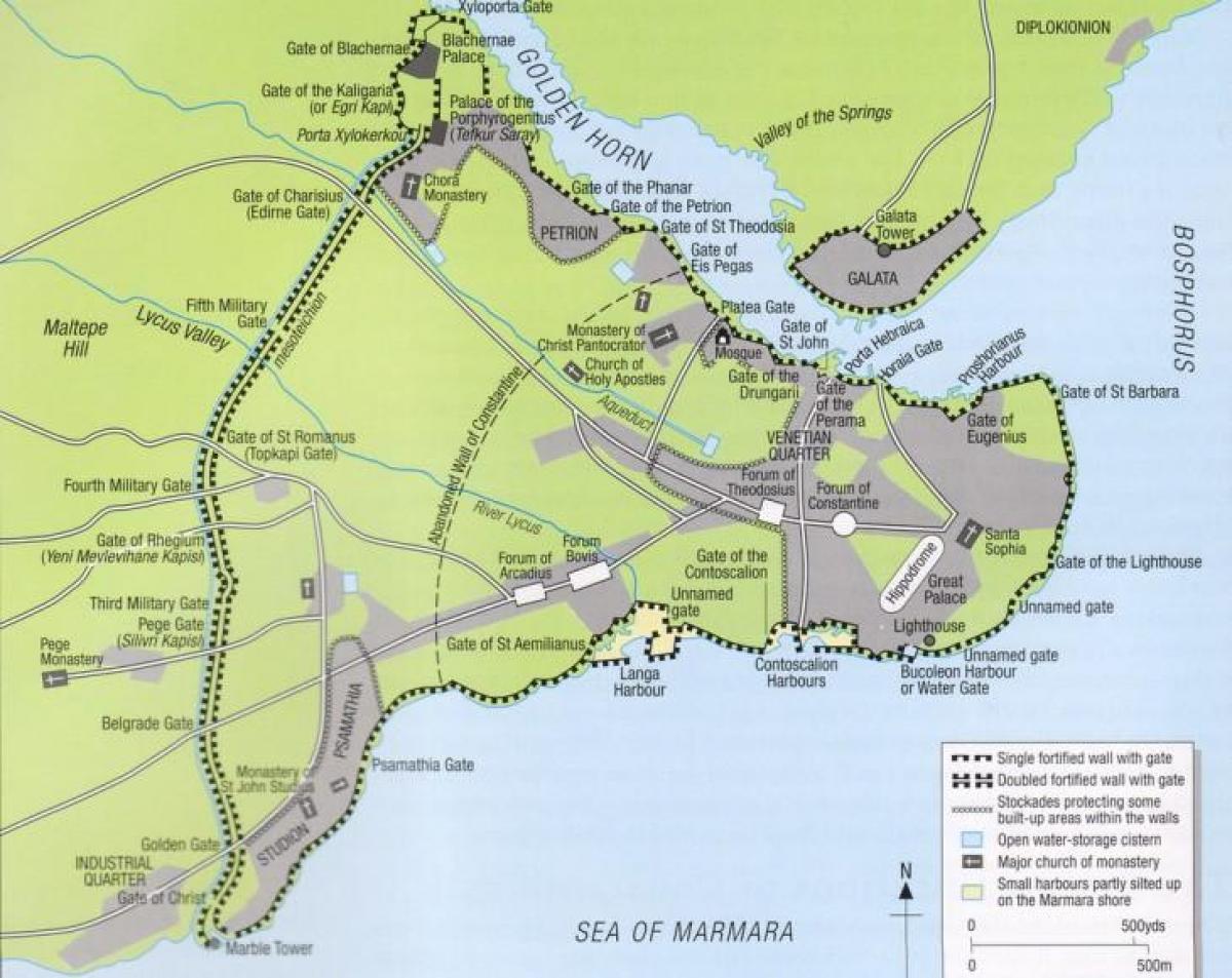 карта стенами Константинополя